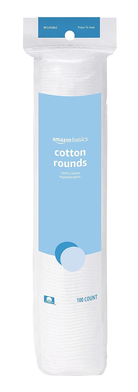 Amazon Basics Hypoallergenic 100% Cotton Rounds for Makeup Remover, Skincare, Nail Polish Removal, All Skin Types, 100 Count, 1 Pack