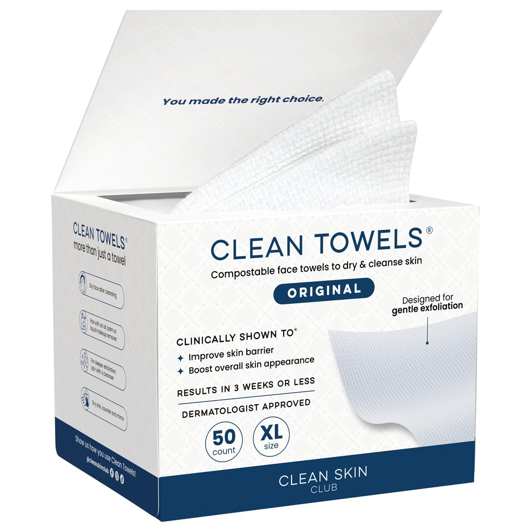 Clean Skin Club Clean Towels XL®, 100% USDA Biobased Face Towel, Disposable Face Towelette, Eczema Association Accepted, Makeup Remover Dry Wipes, Ultra Soft, 1 Pack, 50 Ct